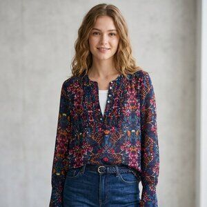 Converse One Star Floral Pintuck Blouse M Blue Pink Long Sleeve Boho Cottagecore